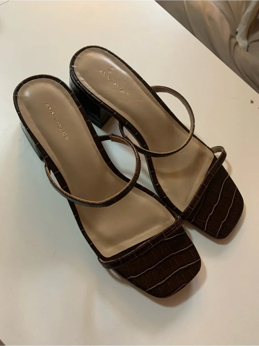 Ann Taylor Dark Brown Croc-Embossed Strappy Block Heel Sandals